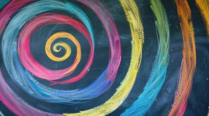 Spirals of colored chalk on a blackboard in a classroom - obrazy, fototapety, plakaty