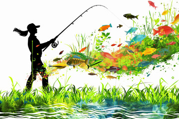 The bright silhouette of a fisherwoman casting a line amidst a splash of colorful abstract fish on a white background conveys a creative and dynamic fishing experience. - 792680924