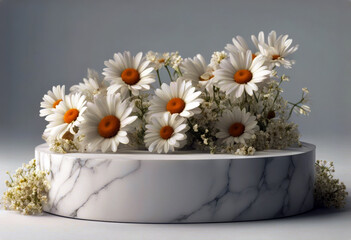 'Stone background splay stand flowers white daisy Cosmetic rendering blossom podium 3D poduim dais product display flower spring three-dimensional chamomile'