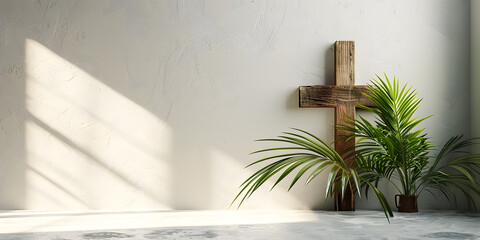 Cross and palm on vintage background.