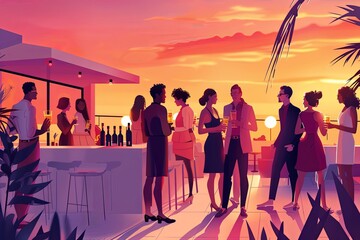 A chic rooftop party scene at sunset with a group of people socializing and enjoying drinks at the bar. Generative AI