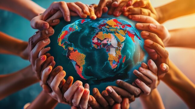 Unified human chain of diverse hands coming together to form a heart shape against a global backdrop. symbolizing worldwide unity Peace And humanitarian aid