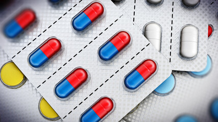 Stack of colorful pills in blister packs. 3D illustration - 792682303
