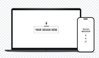 Mobile Phone and Laptop Computer Mockup. Digital devices screen template vector illustration with transparent background.