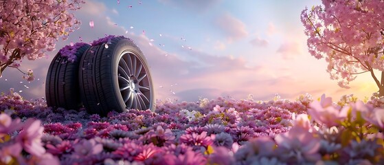 a sleek car tire embedded in a lush field of vibrant pink and purple flowers, under a clear blue sky