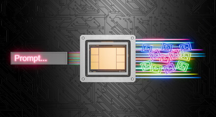 AI Chip with Neon Multimedia Prompt on Digital Circuit Background