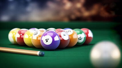 Pool or billiard balls and cue on green table cloth. 3D illustration - 792682790