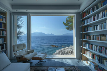 A minimalist reading room with a clear view of a sea creating a warm, simple, elegant furniture and serene color palettes.