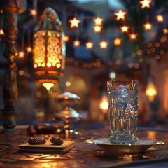 A warm inviting scene with a glass of water, dates and Ramadan lantern, symbolizing the breaking of the fast