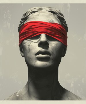 Artistic rendition of a Greco-Roman bust with a red blindfold, symbolizing obscured vision or justice