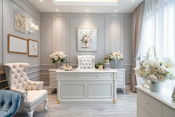 A white executive's office, elegantly designed with floral decor, a chic, modern desk,