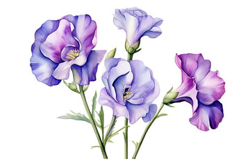 Watercolor painting.Purple lisianthus flowers with soft petals have orange stamens and green leaves. on a white background