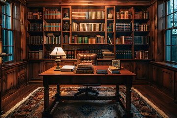 A large room with a desk and a chair, and a large bookcase with many books