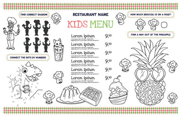 Template children's menu for restaurants and cafes. Placemat with interesting tasks for children. 17x11 inch printable vector file