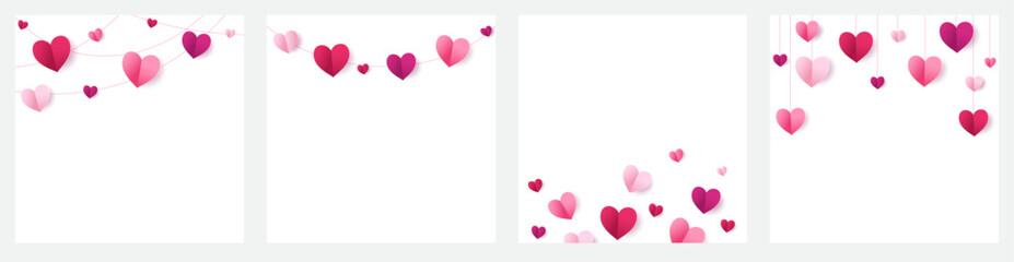 Pink hearts decoration. Square banner template for social media. Mother's day garland. Valentine's day frame, border. Wedding string ornaments isolated on transparent background. Vector.