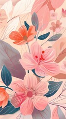 A beautiful floral pattern with pink, orange, and white flowers and green leaves on a light pink background.