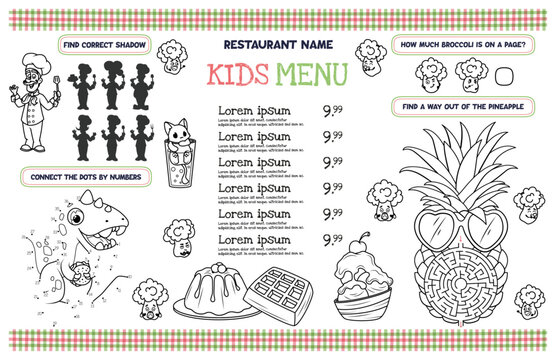 Template children's menu for restaurants and cafes. Placemat with interesting tasks for children. 17x11 inch printable vector file