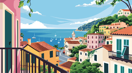 View from the balcony over the town and sea. flat Vector