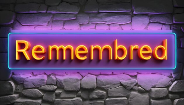 REMEMBERED - Glowing Neon Sign on stonework wall - 3D rendered royalty free stock illustration. Can be used for online banner ads and direct mailers.