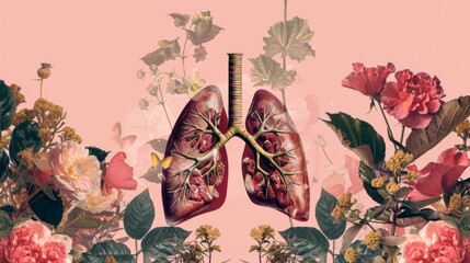 Human lungs, flowers, and plants on monochrome pink background