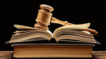 In a courtroom scene, an open law book and a wooden gavel symbolize justice in the legal system. This concept encompasses the legal system, justice, courtroom proceedings, law books, and the use of th