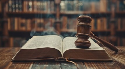 In a courtroom scene, an open law book and a wooden gavel symbolize justice in the legal system. This concept encompasses the legal system, justice, courtroom proceedings, law books, and the use of th - obrazy, fototapety, plakaty