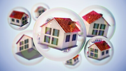 Houses inside floating bubbles. Real estate bubble concept. 3D illustration - obrazy, fototapety, plakaty