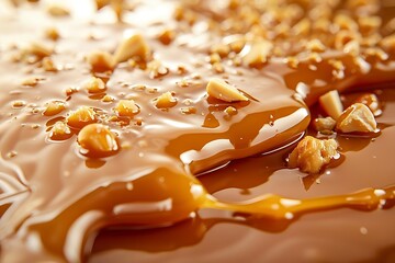 smooth caramel with crushed peanuts on top, detailed texture, close-up shot - obrazy, fototapety, plakaty