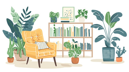Comfortable chair bookcase and house plants. Living r