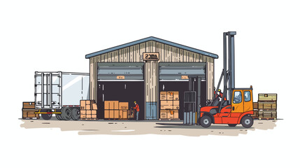 Warehouse with working forklift and truck. Vector illustration