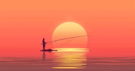 Silhouette of a lone fisherman on a paddleboard against a serene coral sunset, with ample copy space for text on the calming waterscape. - 792688190