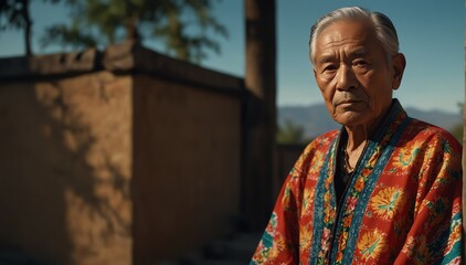 handsome asian elderly man wearing traditional mexican clothing huipil from Generative AI