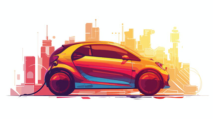 Compact hatchback car on a background of abstract cit