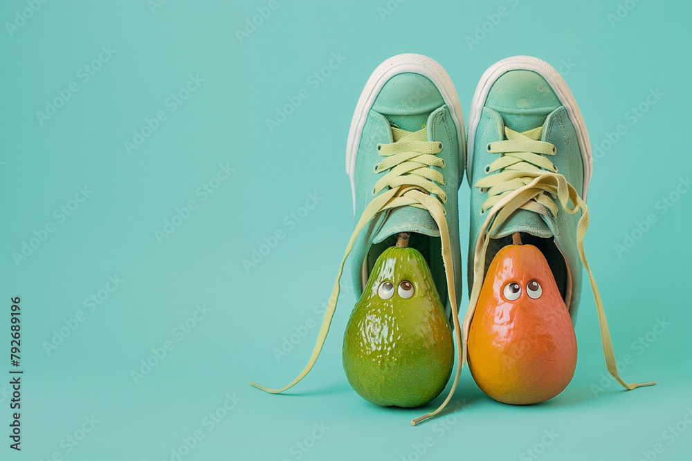 Wall mural sneakers and two mango, everything is in green ,yellow, orange color.