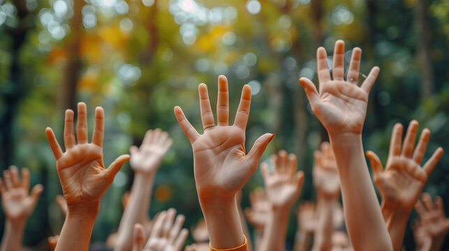 group of people rise hand up, volunteer concept