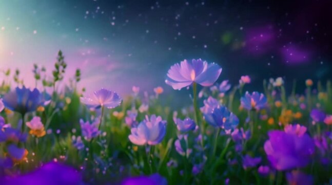 Fantasy landscape, shining ethereal flowers moving in the wind under the starry cosmic night