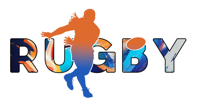 Isolated text RUGBY on Withe Background - Color Icon Gradient Silhouette Figure of a Female or Woman Scrumhalf Passing Ball