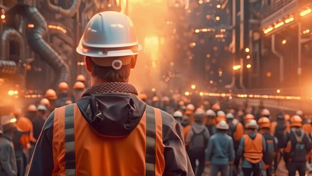 A worker in an orange vest and white helmet stands at the front of his team, looking into the distance with confidence as he leads them to victory in steel production. Celebrate Labor day background