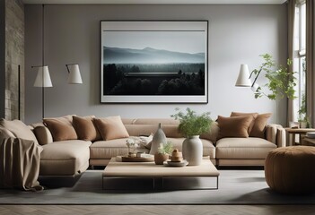 Scandinavian style 3D sofa poster interior Mock rendering