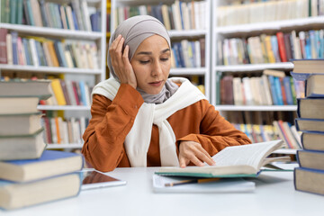 A thoughtful Muslim woman in a hijab immersed in her studies at a library, surrounded by piles of...