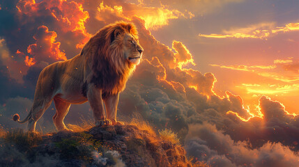lion standing on cliff with nature and sunset time, king of wild concept - Powered by Adobe