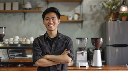 Fototapeta premium The Southeast Asian owner of the small coffee shop business smiled and crossed his arms