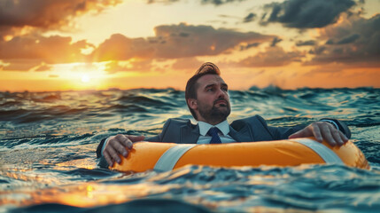 A businessman in a suit and tie is sitting on a raft in the ocean, holding onto a lifebuoy - obrazy, fototapety, plakaty