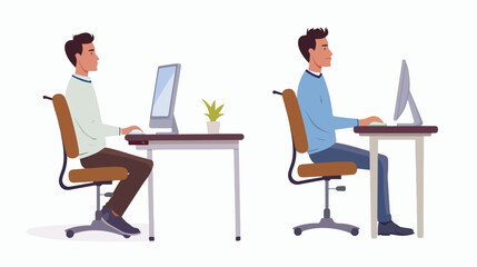 Correct and incorrect sitting posture at computer. vector