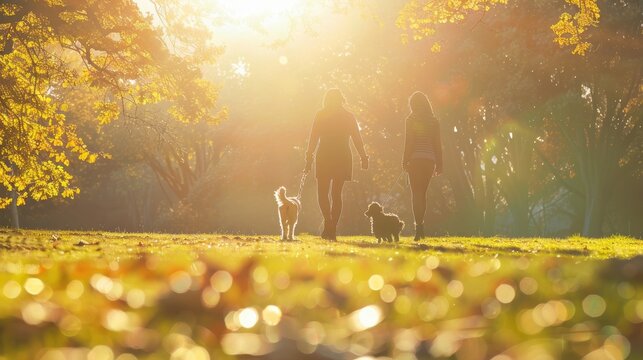 "Family Bonding: Enjoying a Stroll in the Park with Their Beloved Dog"