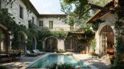 A courtyard of a pretty low tree-lined villa. Exterior view of a beautiful house with a swimming pool