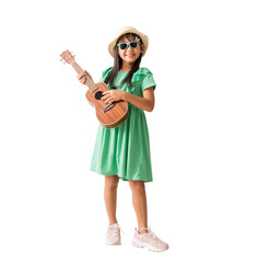 Happy smiling asian little girl were hat and sunglasses playing Ukulele exuding fun. Full body isolated on white background
