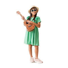 Happy smiling asian little girl were hat and sunglasses playing Ukulele exuding fun. Full body isolated on white background