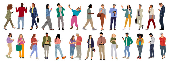 Set of different people using gadgets. Business men and women holding smartphones and tablet, texting, talking, watching news. Group of male, female cartoon characters Vector realistic illustrations.
