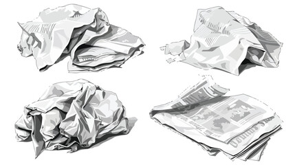 Crumpled newspaper pages isolated on white background